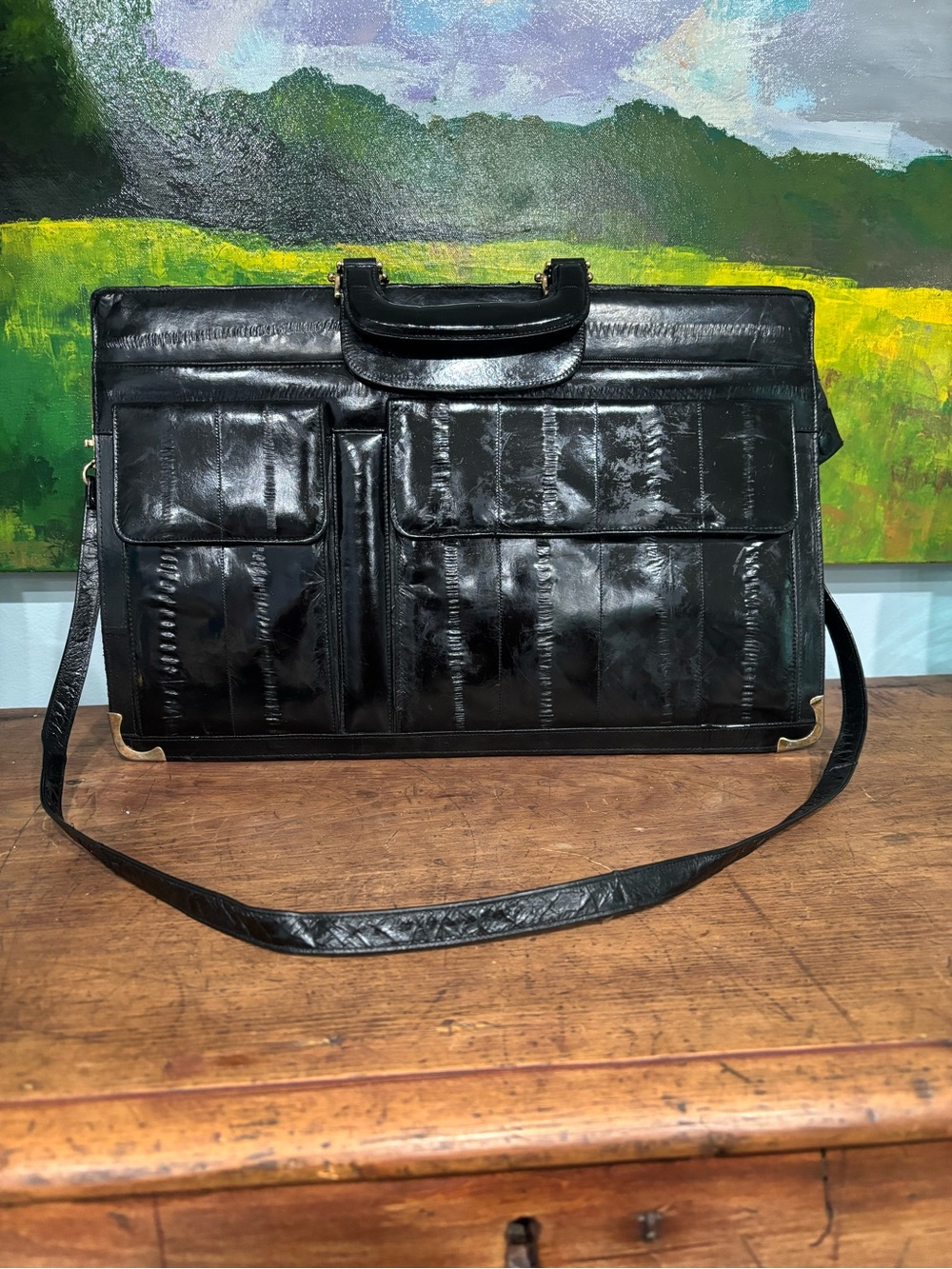 Vintage 80s Genuine Eel Skin Briefcase Crossbody Bag Black Gold Corners